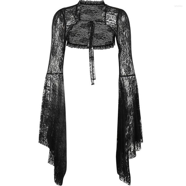 Kadın Ceketleri Vintage Ceket Kadınları Omuzlar Omuzlar Parlamıyor Uzun Kollu Mesh Siyah Kırpılmış Gotik Punk Street Giyin Partisi Dantel Bolero HARDIGAN TOPLAR