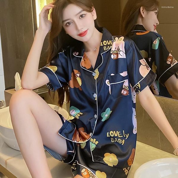 Женская одежда для сна 2023 Лето с коротким рукавом шелк Silk Satin Print Pajama Set для женщин корейские шорты костюма пижама домашняя одежда пижама Mujer