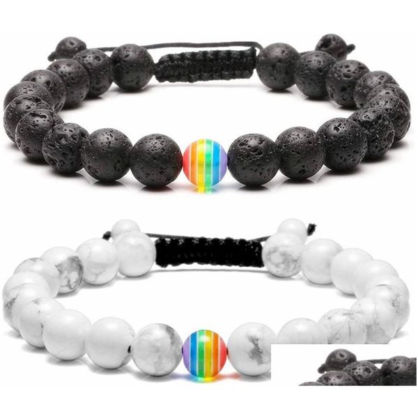 Frisado Rainbow Pride Casal Bracelet Strands Jóias White Howlite Black Lava Rock Beads Oil Difusor Bracelets For Men Women Drop De Dh0E9