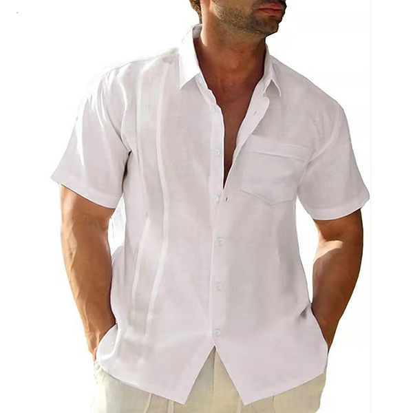 Camicie casual da uomo Estate manica corta Guayabera T-shirt per uomo Pantaloncini cubani in cotone Vestibilità regolare Colletto alla francese Button Down Top da spiaggia 230711