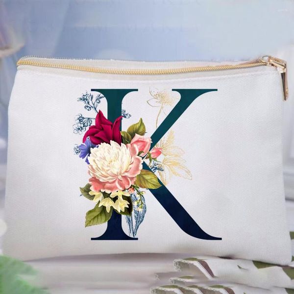 Borse portaoggetti 26 iniziali Fiore Borsa cosmetica A-Z Lettera Trucco Donna Viaggio Regalo damigella d'onore Custodia portatile da donna Bellezza