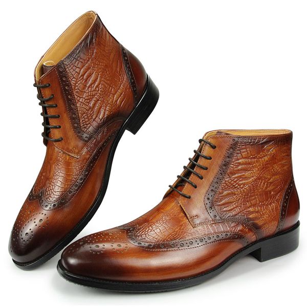 Centro de tornozelo para homens de brogue masculino Moda confortável Sapatos de impressão retrô de vaca com botas personalizadas de couro