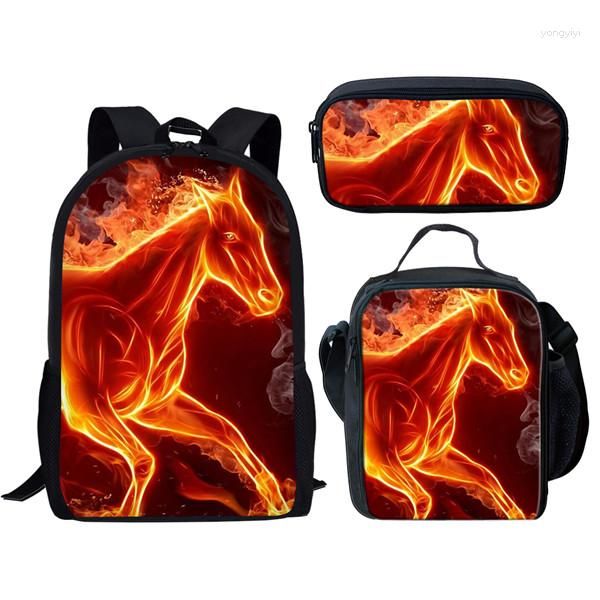 Mochila Hip Hop Harajuku Engraçado Fogo Cavalo Louco 3 pçs/conjunto Impressão 3D Aluno Mochila Viagem Laptop Mochila Almoço Sacos Estojo Lápis