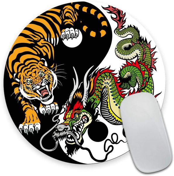 Mouse pad redondo para jogos com design personalizado dragão e tigre Yin Yang símbolo de harmonia e equilíbrio mouse pads de borracha antiderrapante tapete bonito