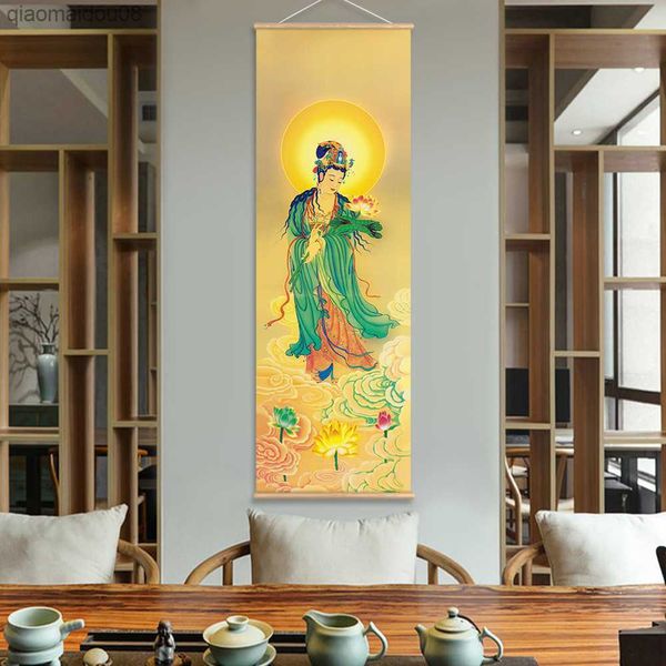 Arte de parede Avalokitesvara Bodhisattva Thangka Budismo Scroll Painting com cabide de madeira Arte realista pintura em tela L230704