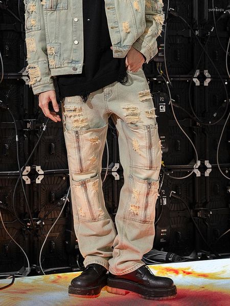 Jeans Masculino Harajuku Furo Rasgado com Zíper Decorado Lavado Calça Azul Corte Reto Desfiado Calça Jeans Casual Unissex Jean Solto