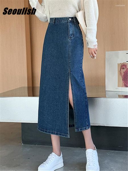 Gonne Seoulish Vita alta Side Split Denim da donna Mi-long Primavera Estate Blue Vintage Cowboy Jeans Donna 2023