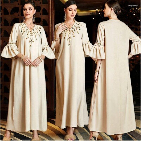 Abbigliamento etnico Manica svasata con strass di lusso Vestito elegante Abiti da sera per banchetti da donna Dubai Robe Fahion Marocco Maxi abito