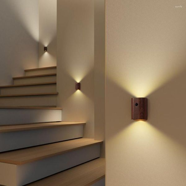 Luzes noturnas de sensor de movimento de madeira com ligação de lâmpada de parede USB reable sem fio LED de indução quarto cozinha corredor luz da escada