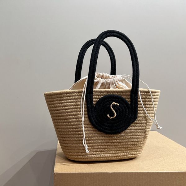 Bolsa de mão de malha de moda designer bolsa de praia de palha trançada de luxo feminina bolsa de compras de tecido de lã mini bolsa de praia feminina de verão de 23 cm