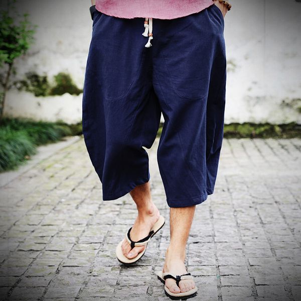 Calça masculina de linho de algodão folgada perna larga pendurada na virilha hip hop calça masculina na altura da panturrilha 230711