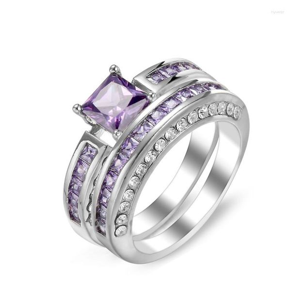 Fedi nuziali Carino femminile Grande anello con zirconi viola Set di gioielli da sposa in cristallo placcato oro bianco Promessa di fidanzamento per le donne