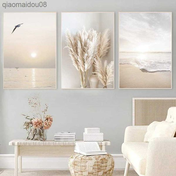 AT14 3 Pz Beige Erba Tramonto Spiaggia Palma Tela Pittura Nordic Poster E Stampe Immagini A Parete Per Soggiorno Decor L230704