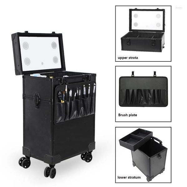 Valigie Trolley professionale in metallo per truccatore con tacco Valigia a due piani ad alta capacità con lampada Custodia per attrezzi da ricamo per manicure di bellezza