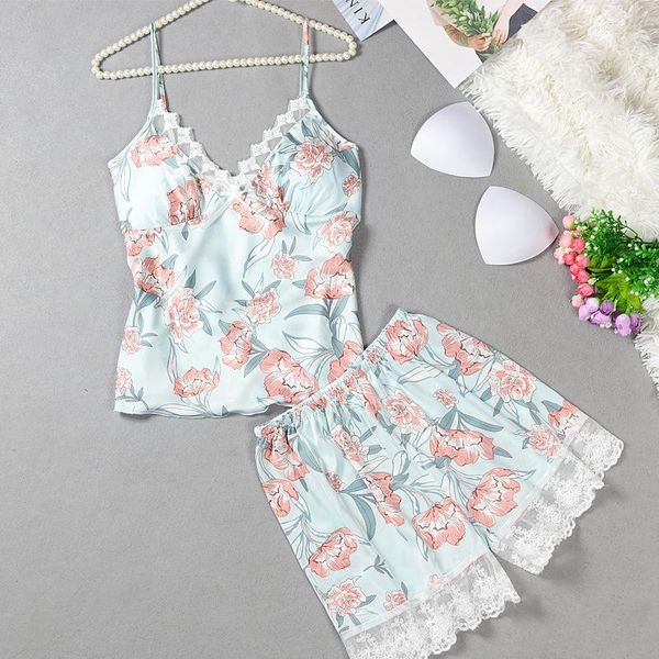 Roupa de dormir feminina verão mulher sexy conjunto de pijama de seda gelo estampado shorts de renda de renda conjunto twinset com almofada de peito