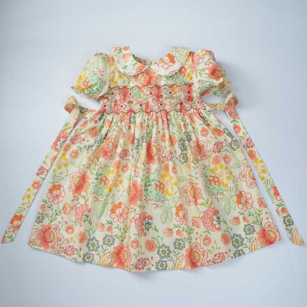 Abiti da ragazza Abiti estivi fatti a mano con smock floreale per ragazze 2021 abito da principessa vintage in cotone per bambini età 1 2 3 4 5 6 vestiti per bambinaHKD230712