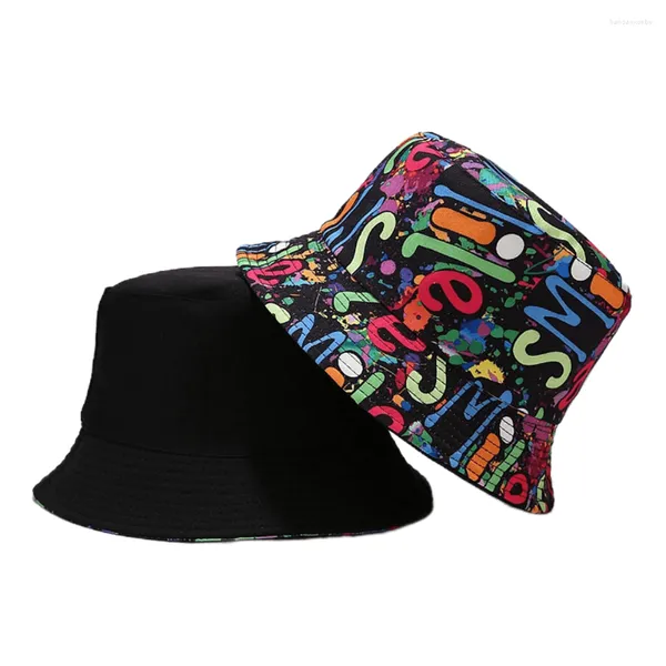 Berets 2023 Panama Unisex Europa Amerika Graffiti Topf Eimer Hut Männer Persönlichkeit Farbe Hip-Hop Doppelseitige Druck Sonnenschirm Kappen