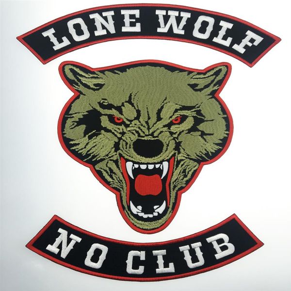 Fashion LONE WOLF LONE WOLF NO CLUB MC Motociclista Patch ricamata Ferro sulla giacca Gilet Rider Distintivo Patch di grandi dimensioni Sh2715