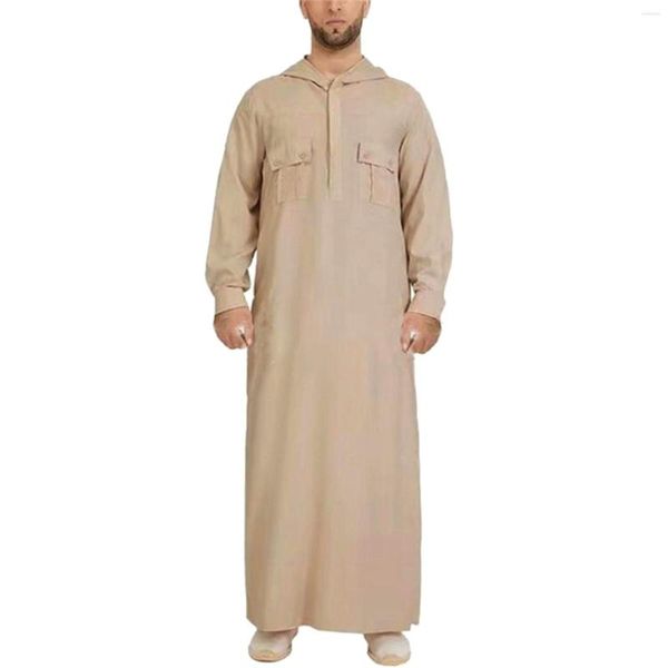 Männer Casual Hemden Männliche Robe Muslim Mit Kapuze Thobe Lange Solide Tasche Knopf Kragen Ärmel Jubba Weißes Hemd Chemise