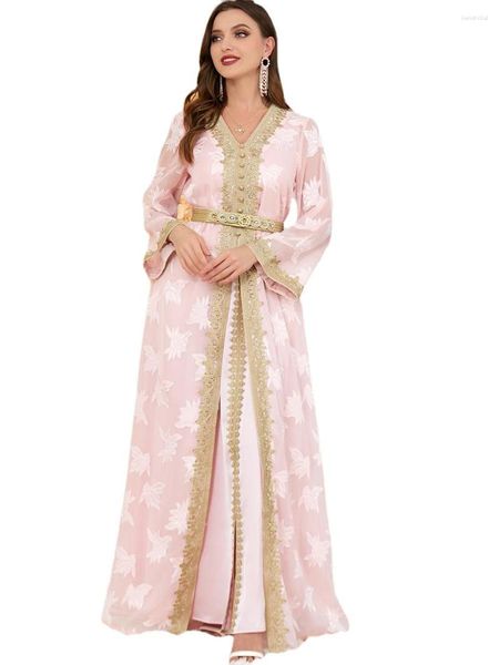 Roupas étnicas chiffon vestido de verão feminino decote em v cinto folha estampada árabe do oriente médio conjunto de 2 peças rosa feminino