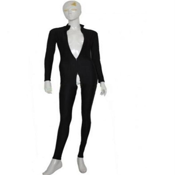 Spandex Lycra Unisex Seksi Siyah Zentai Catsuit İkinci Cilt Bodysuit Ön fermuarlı ve kasık zipper320l