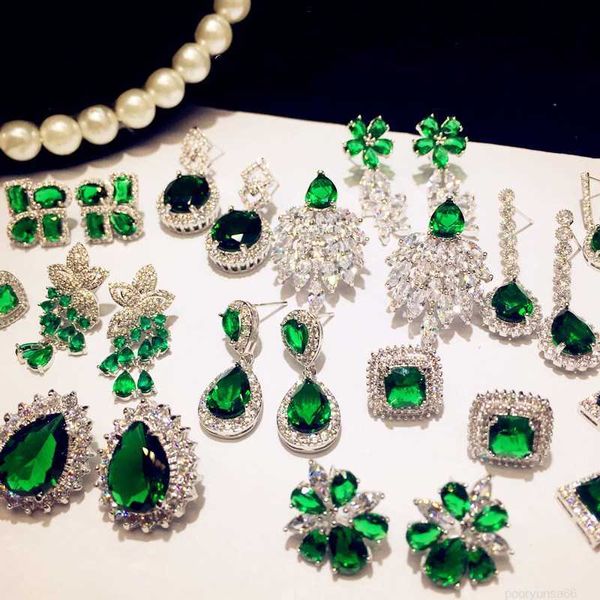 Charm 925 Sterling Tropfen-Ohrringe für Damen, künstlicher Smaragd, eleganter Schmuck-Stil, Vintage-Zirkonia, grüner Stein, Luxus-Brincos-Ohrring