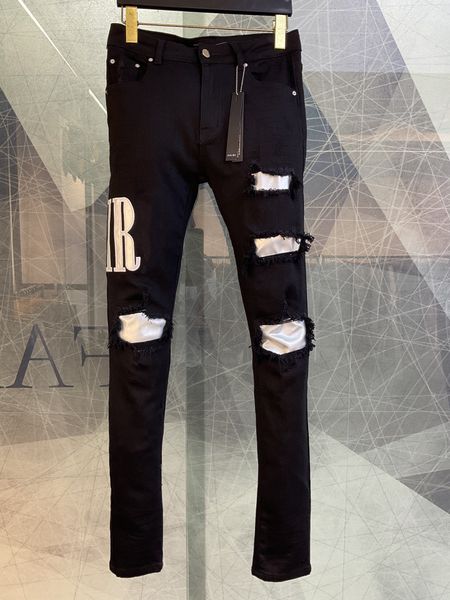 Jeans da uomo Jeans da uomo Designer Denim Ricamo dell'alfabeto Distruggi i fori Pantaloni skinny Jean Pantaloni slim da motociclista da uomo Hip Hop Street