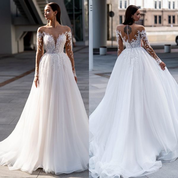 Abiti da sposa romantici A Line Illusion Maniche lunghe Appliques in pizzo Abito da sposa Bottone posteriore Abiti da sposa lunghi firmati