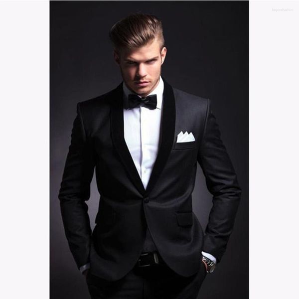 Ternos masculinos cor preta 2 peças gola xale negócios casual smoking de casamento de alta qualidade (calças de jaqueta) conjunto de terno masculino feito sob medida