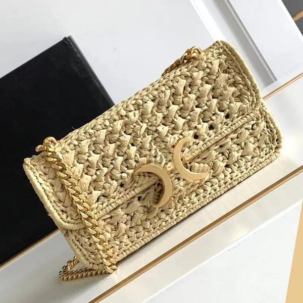 Bitki Dokuma Zincir Tote Kadın Tasarımcı Omuz Çantaları Tüm Çelik Mektup Kilit Toka Koltuk Poşetleri Hollow Crossbody Tepe Üst Kaliteli Plaj Tatil Çantaları