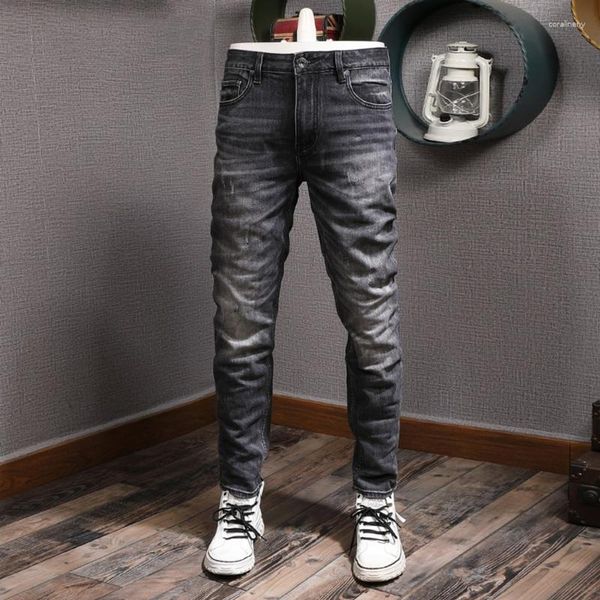 Jeans da uomo Stile italiano Moda Uomo Alta qualità Retro Nero Grigio Elastico Slim Strappato Vintage Designer Denim Pantaloni Hombre