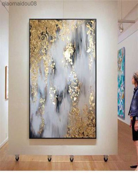 100 % handgemalte abstrakte Gold-Kunst-Wandbild, Ölgemälde auf Leinwand, moderne Hochzeitsdekoration, Wandlandschaft für Wohnzimmer, L230704