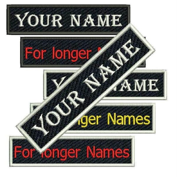 Cool Custom Name Tag Toppa ricamata Cucire o stirare su abbigliamento e cappelli Qualsiasi tipo di carattere Dimensioni e colore sono disponibili Patch203l