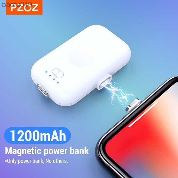 PZOZ Power Bank magnético para iPhone Micro USB tipo C 1200mAh Mini carregador magnético Power Bank para iPhone iPad Xiaomi Huawei Phone L230712