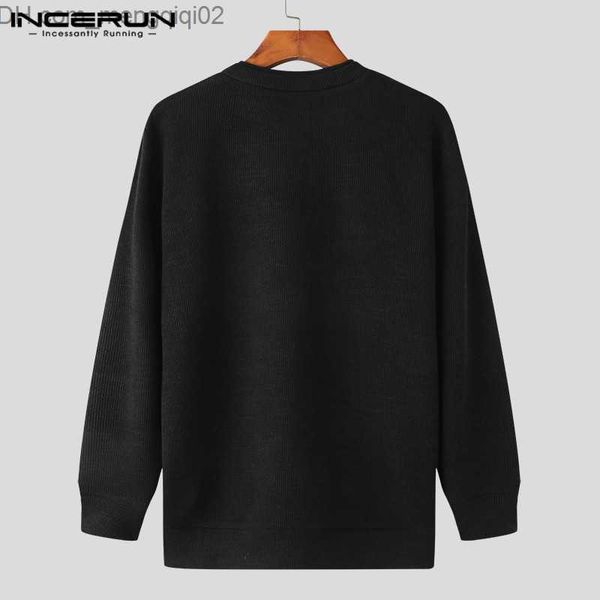 Suéteres masculinos INCERUN Tops 2023 Coreia do Sul Novo masculino decote redondo tecido de algodão liso escovado casual bainha irregular manga longa suéter S-5XL Z230712