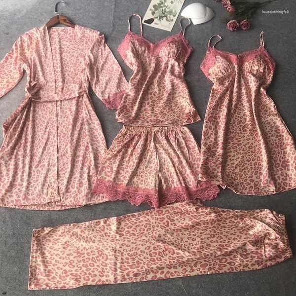 Indumenti da notte da donna Leopardo da donna 5 pezzi Pigiama Set Abito sexy in raso Abito kimono con scollo a V allentato Camicia in pizzo rosa Pantalone estivo Accappatoio sottile