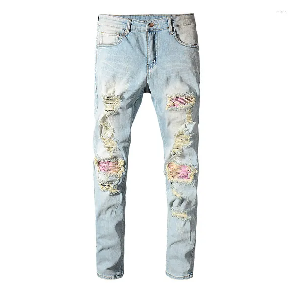 Jeans masculino Patchwork Bandana Paisley Impresso Biker Azul Claro Buracos Rasgados Skinny Stretch Calças Denim Calças