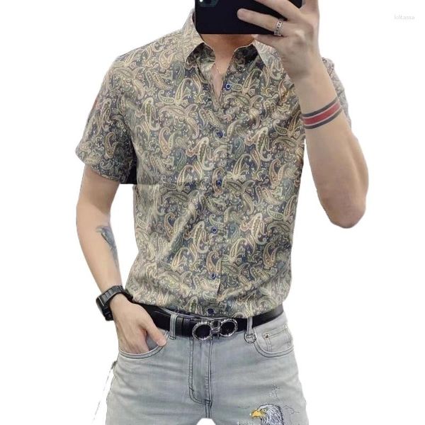 Herren Freizeithemden Sommer Kurzarm Slim Fit Hemd mit Blumenmuster Mode Schwarz Khaki Farbe