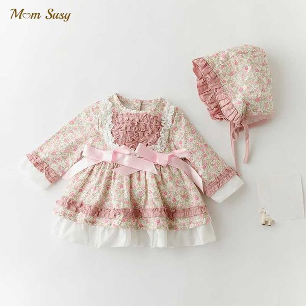 Mädchenkleider Neugeborenes Baby Mädchen Baumwolle Prinzessin Blumenkleid mit Mütze Säugling Kleinkind Spanisch Vintage Vestido Party Geburtstag Kleidung 0-2YHKD230712