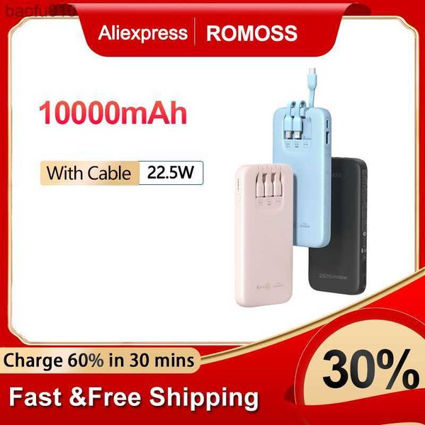 ROMOSS 10000 mAh Powerbank mit 3 Kabeln, 22,5 W, schnelles Aufladen, externer Akku, tragbares Ladegerät, 10000 mAh Powerbank für Telefon L230712