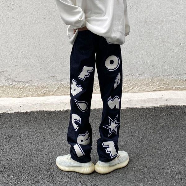 Jeans da uomo Harajuku Pantaloni Hip Hop neri con stampa di stelle dell'alfabeto Pantaloni da uomo e da donna Y2k Moda casual Jeans larghi dritti Streetwear