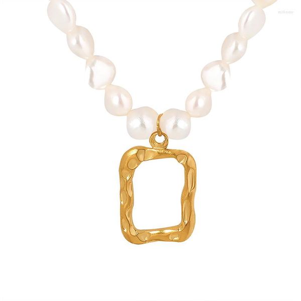 Подвесные ожерелья французский квадратный полая пресноводная жемчужная цепь из нержавеющей стали очарование золото золото.