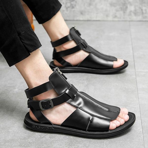 Sandalen Ew Marke Mode für Männer Sommer Retro Männer Flache Beiläufige Strand Männliche Römische Schuhe Stiefel Leder Hohe Qualität DM-69