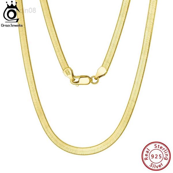 Colares com Pingente ORSA JEWELS Prata Esterlina 925 Ouro 3mm Corrente Plana Flexível Espinha de Peixe Colar de Corrente de Cobra para Mulheres Jóias de Pescoço SC35 HKD230712