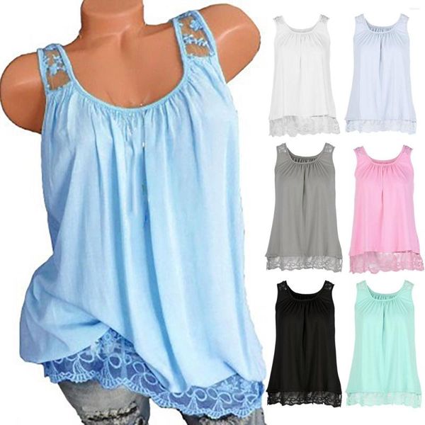 Camisoles Regatas Moda Verão Feminina Decote Redondo Cor Sólida Sem Alças Bainha Renda Regata