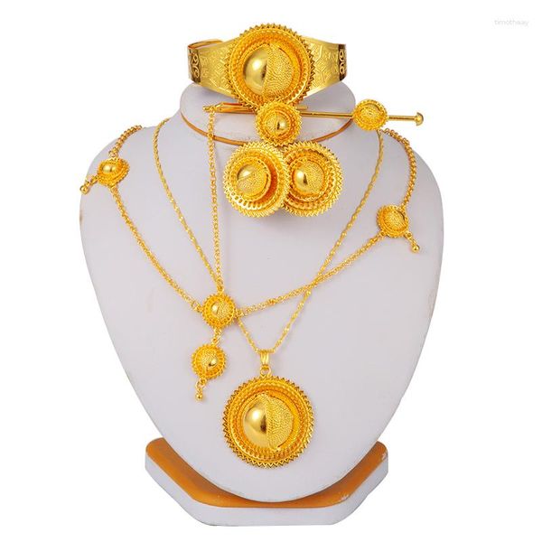 Halskette Ohrringe Set vergoldet äthiopisch für Frauen Mädchen Dubai Habesha Schmuck mit Haarnadel Kopfkette afrikanische Braut Hochzeitsgeschenke