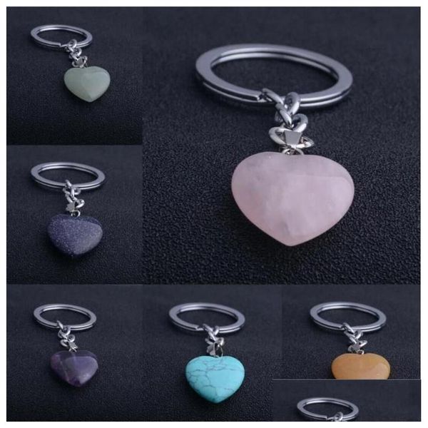 Schlüsselanhänger Herzförmiger natürlicher Kristallstein Schlüsselanhänger Reiki Heilung Schlüsselanhänger Kette Anhänger Schmuck Geschenke Drop Lieferung Dh4TZ