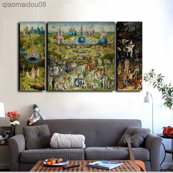 3pcs Canvas Prints Wall Art - Hieronymus Bosch Знаменитая масляная живопись Сад земных изысканий на холсте Home Decor L230704