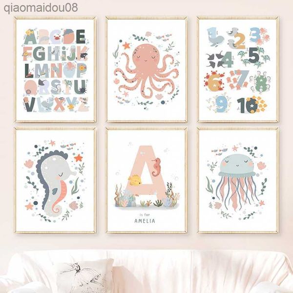 Wal Schildkröte Oktopus Seepferdchen Qualle Zahl Wandkunst Poster und Drucke Kinderzimmer Leinwand Malerei Bild Baby Kinderzimmer Dekor L230704