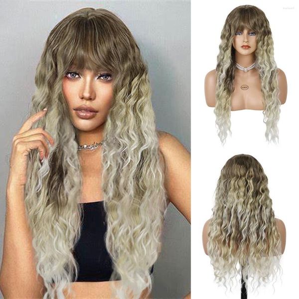 Parrucche sintetiche GNIMEGIL Parrucca Onda lunga Con frangia Corpo Ondulato Ambra Capelli biondi Resistente al calore Per Da donna Quotidiano Halloween Uso Cosplay